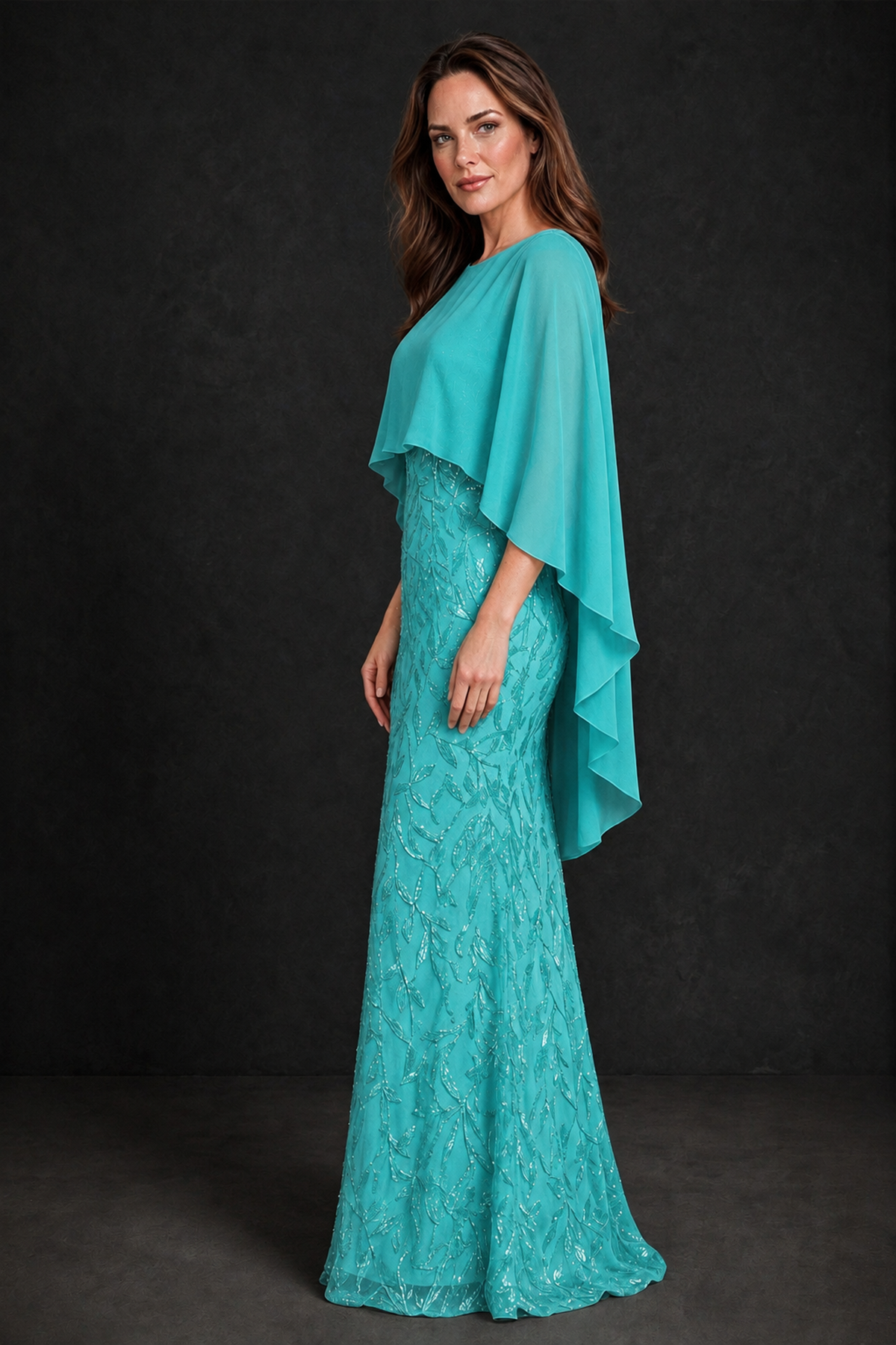 BOLODOO Turquoise Round Neck Chiffon Cape Overlay Sequin Lace Mermaid Maxi Dress - Turquoise - Turquoise_4