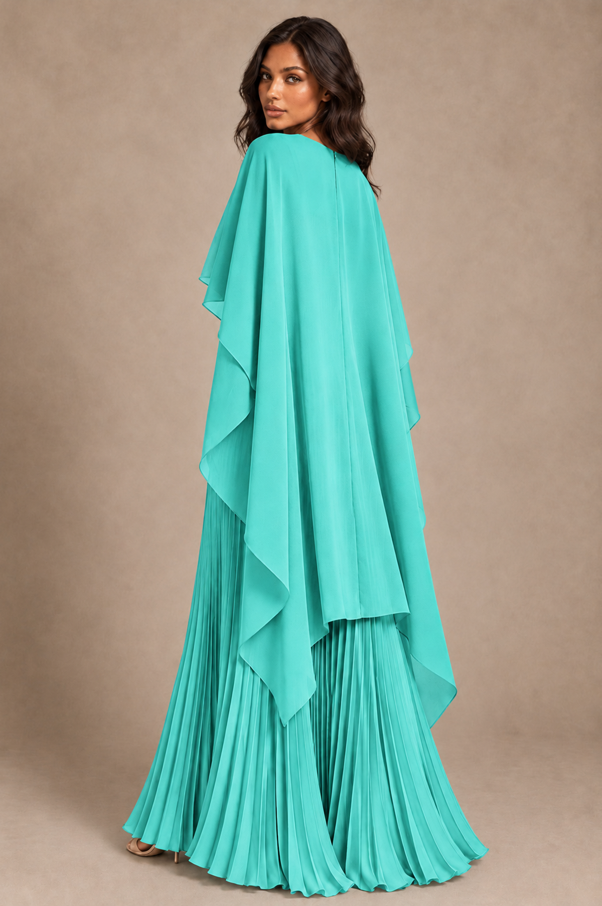 BOLODOO Turquoise Pleated Cape A-Line Evening Dress - Turquoise - Turquoise_4