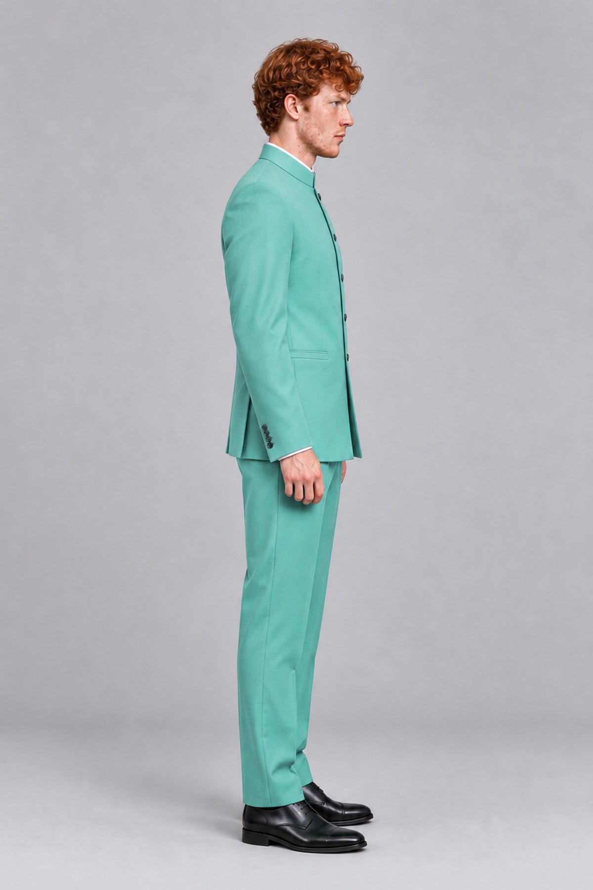 BOLODOO Men's Turquoise Mandarin Collar Two-Piece Suit - Turquoise - Turquoise_4