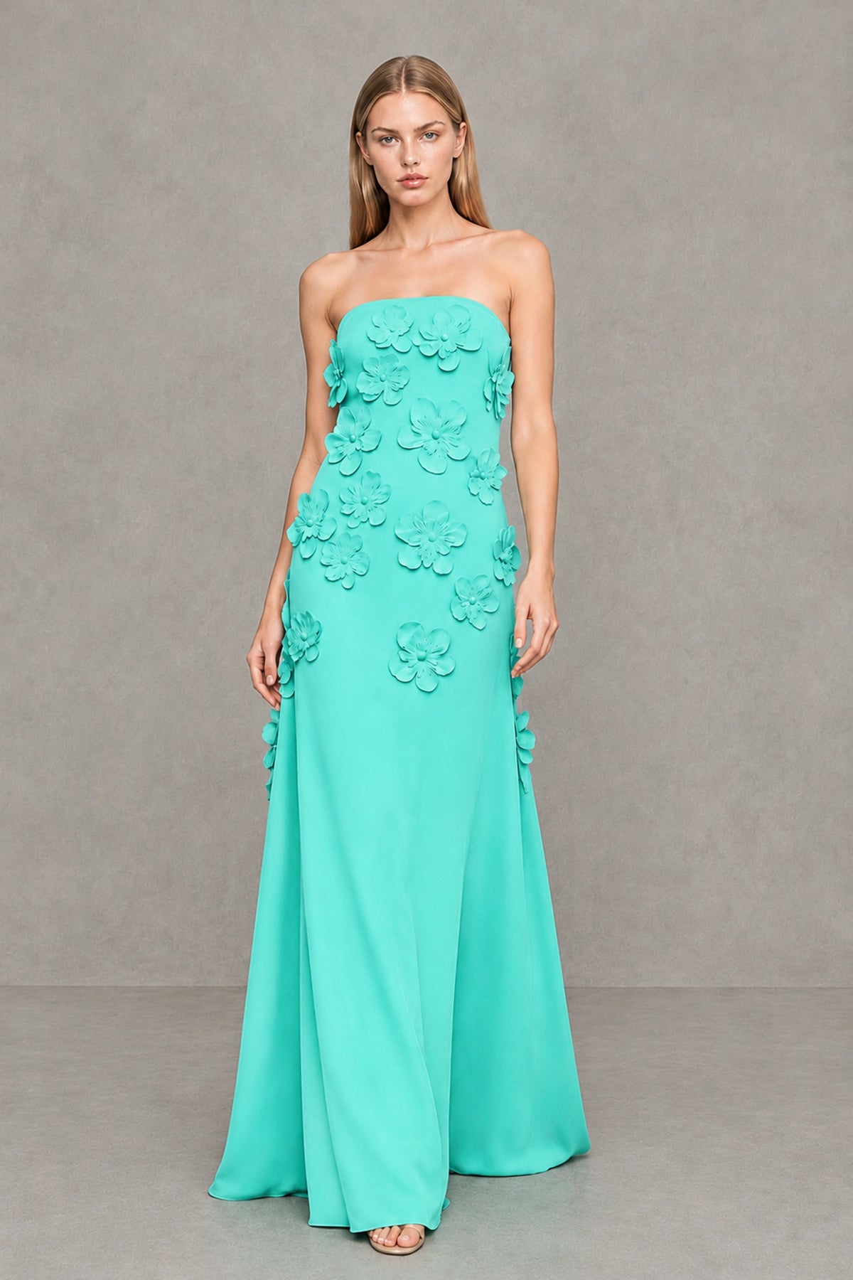 BOLODOO Turquoise Strapless 3D Floral Appliqué Crepe Maxi Gown - Turquoise - Turquoise_4