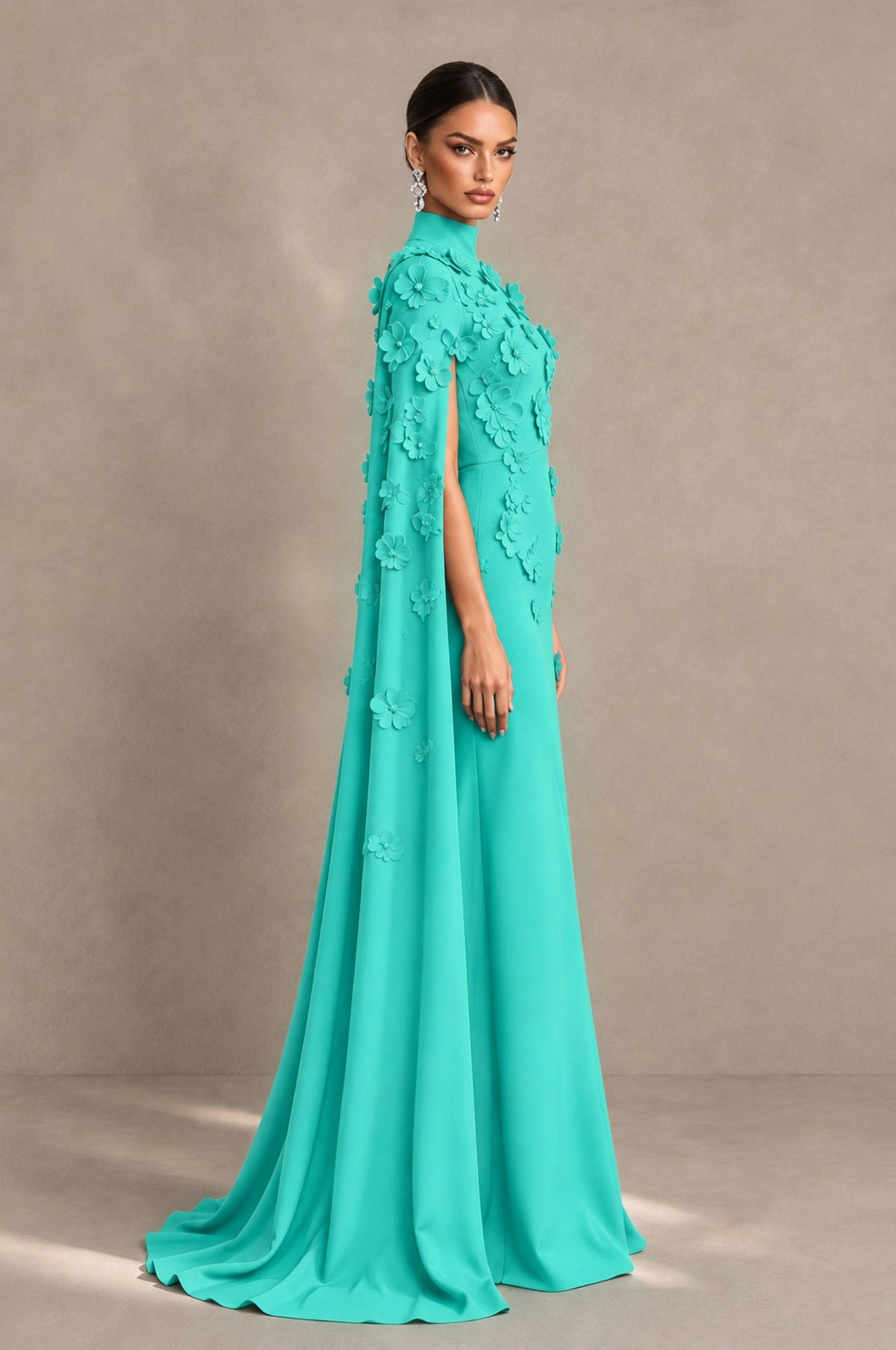 BOLODOO Turquoise 3D Floral Applique Cape Formal Dress - Turquoise - Turquoise_4