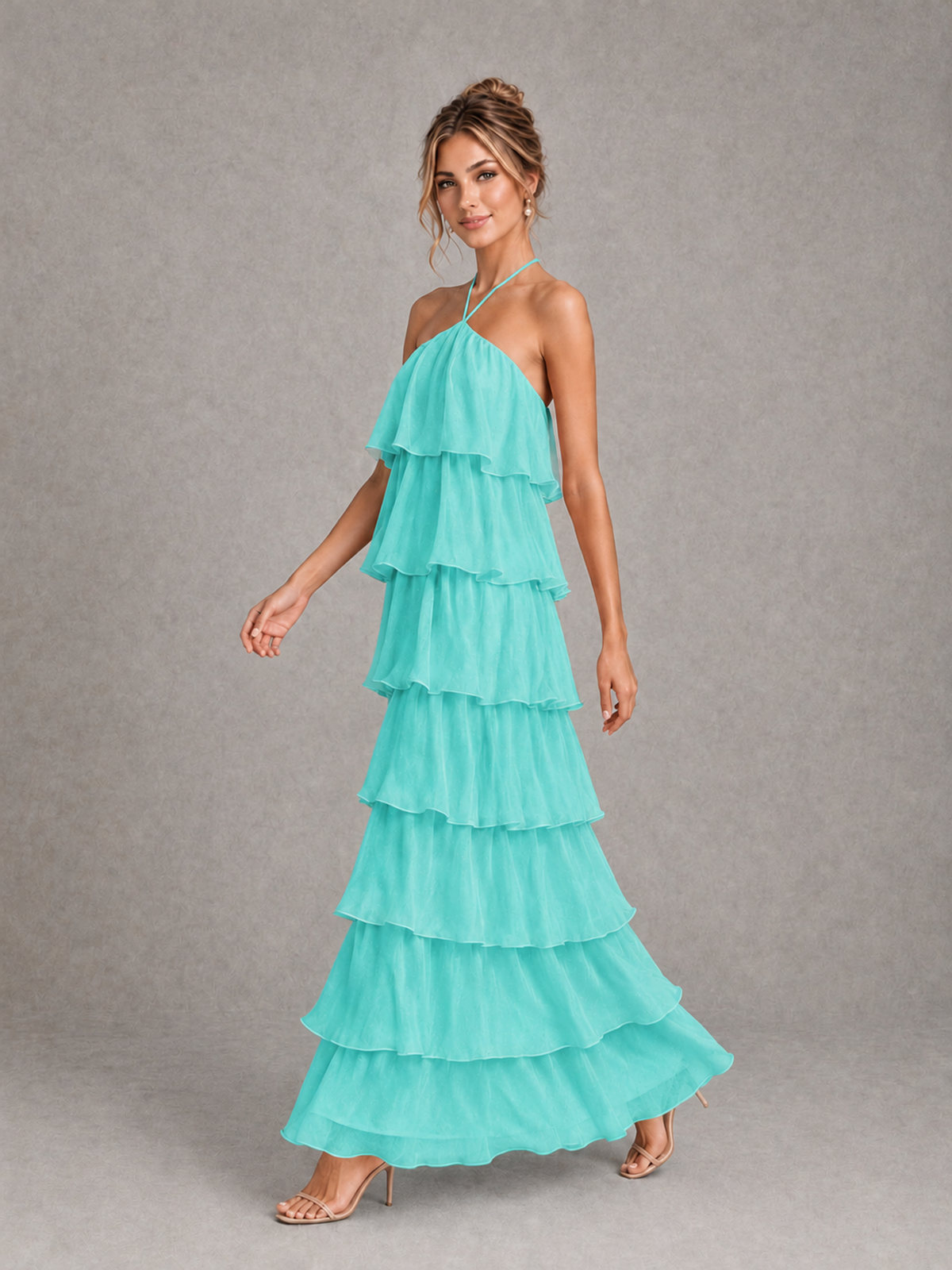 BOLODOO Turquoise Halter Tiered Ruffle Maxi Bridesmaid Dress - Turquoise - Turquoise_4