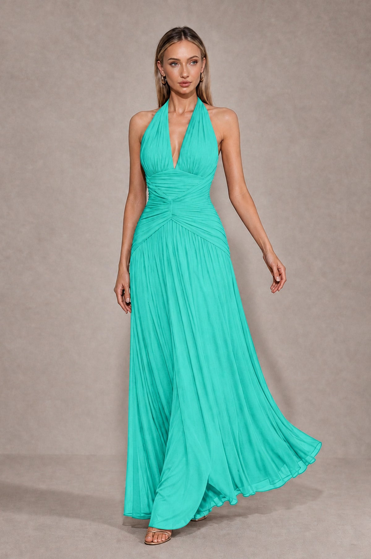BOLODOO Turquoise Chiffon Halter Deep V-Neck Ruched A-Line Backless Maxi Dress with Train-BD0167 - Turquoise - Turquoise_4