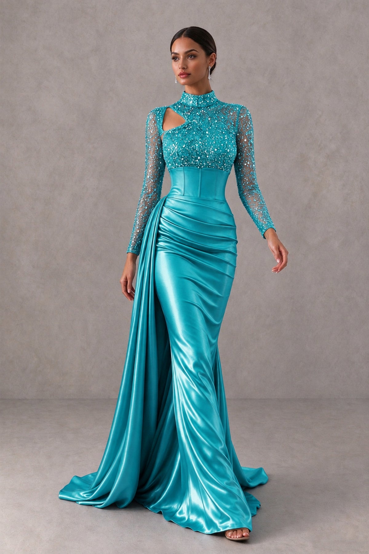 BOLODOO Turquoise Long Sleeve Embellished Satin Mermaid Evening Gown - Turquoise - Turquoise_4
