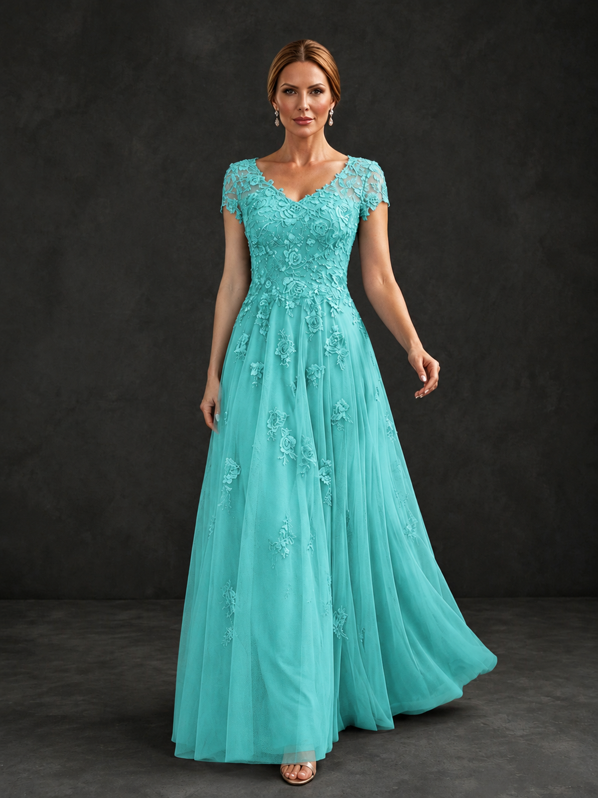 BOLODOO Turquoise Cap Sleeve Lace Appliqué A-Line Formal Gown | Mother of the Bride Dress - Turquoise - Turquoise_4
