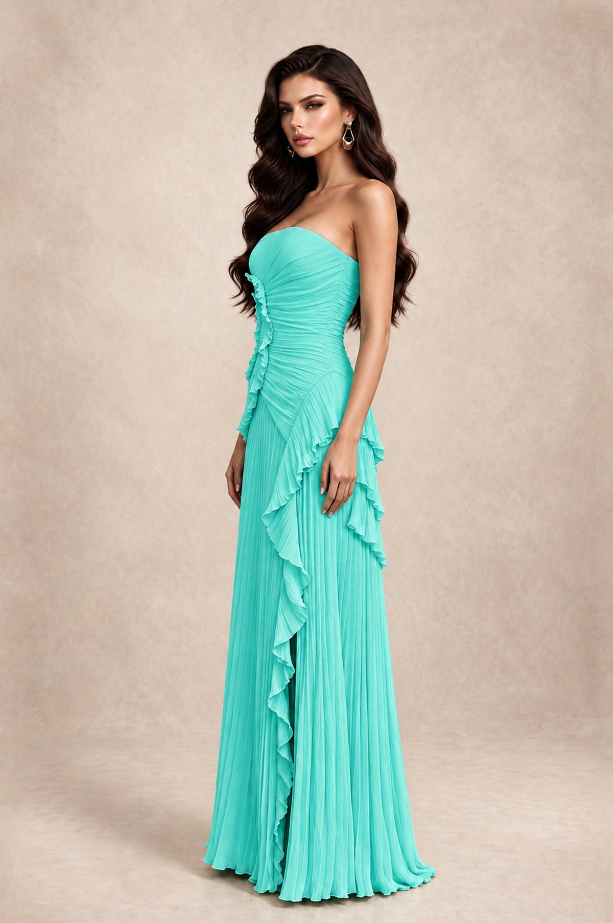 BOLODOO Turquoise Strapless Ruffle Pleated Slit Evening Gown - Turquoise - Turquoise_4