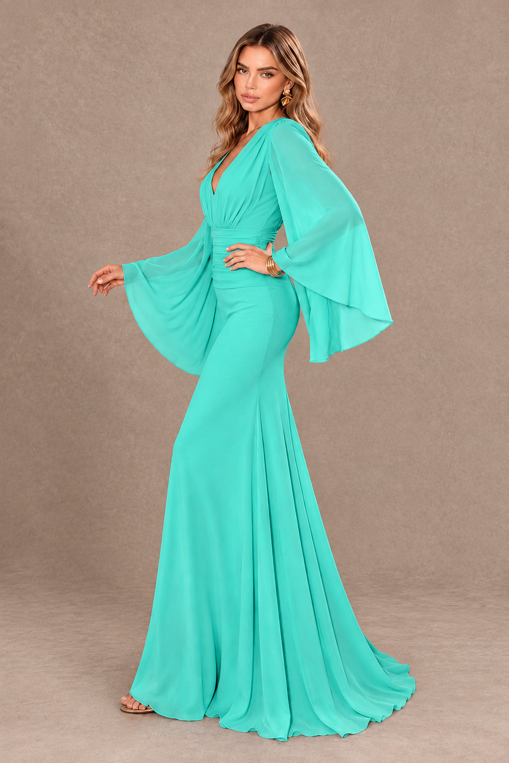 BOLODOO Turquoise Cape Sleeve V-Neck Ruched Chiffon Evening Dress - Turquoise - Turquoise_4