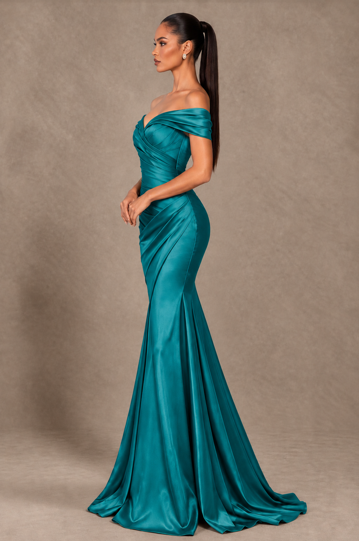 BOLODOO Turquoise Off-the-Shoulder Ruched Satin Mermaid Evening Dress - Turquoise - Turquoise_4