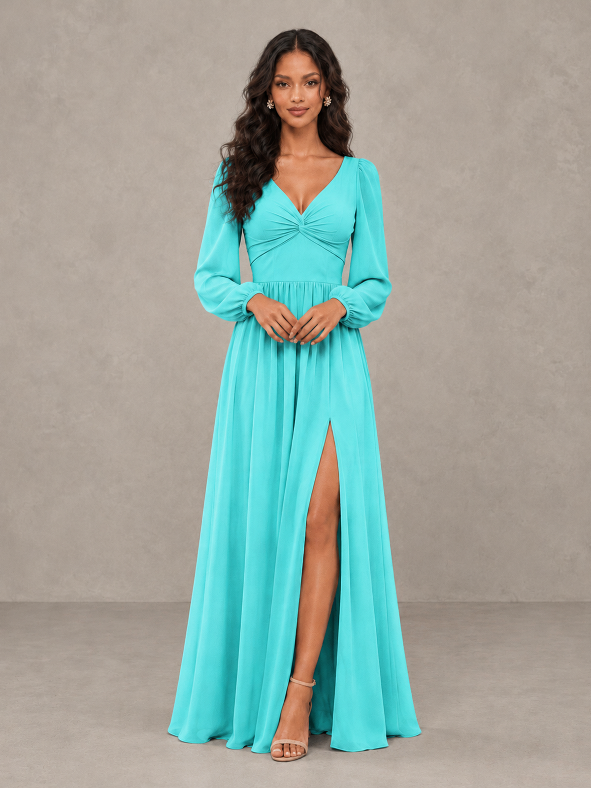 BOLODOO Turquoise V-Neck Long Sleeve Bridesmaid Dress with Tie Back and Slit - Turquoise - Turquoise_5