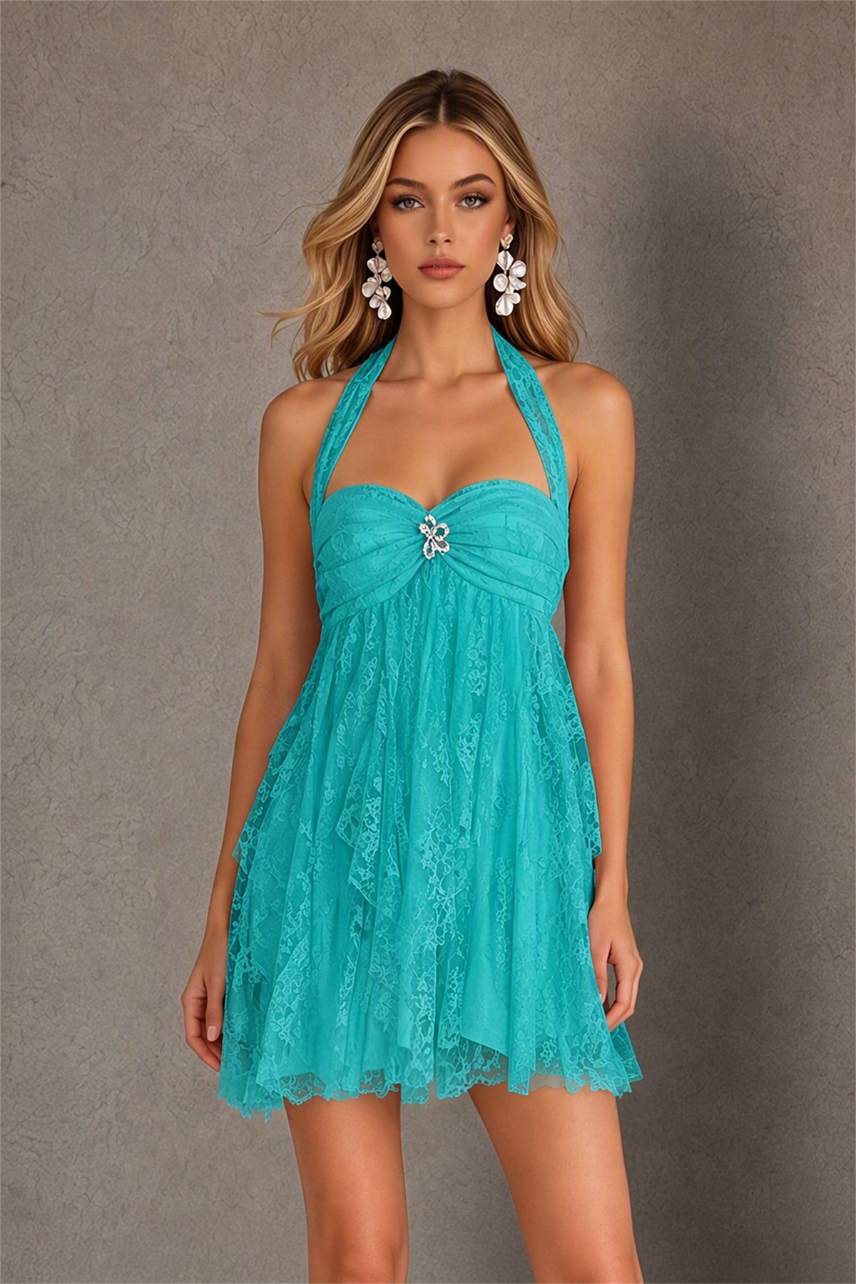 BOLODOO Turquoise Halter Neck Lace Ruffle Mini Dress | Open Back Rhinestone Brooch - Turquoise