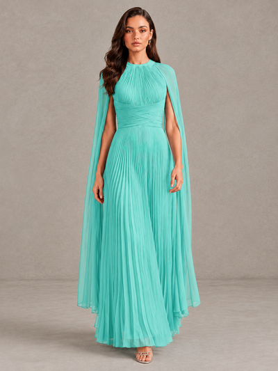 BOLODOO Turquoise Pleated Cape Maxi Wedding Guest Dress - Turquoise - Turquoise (1)