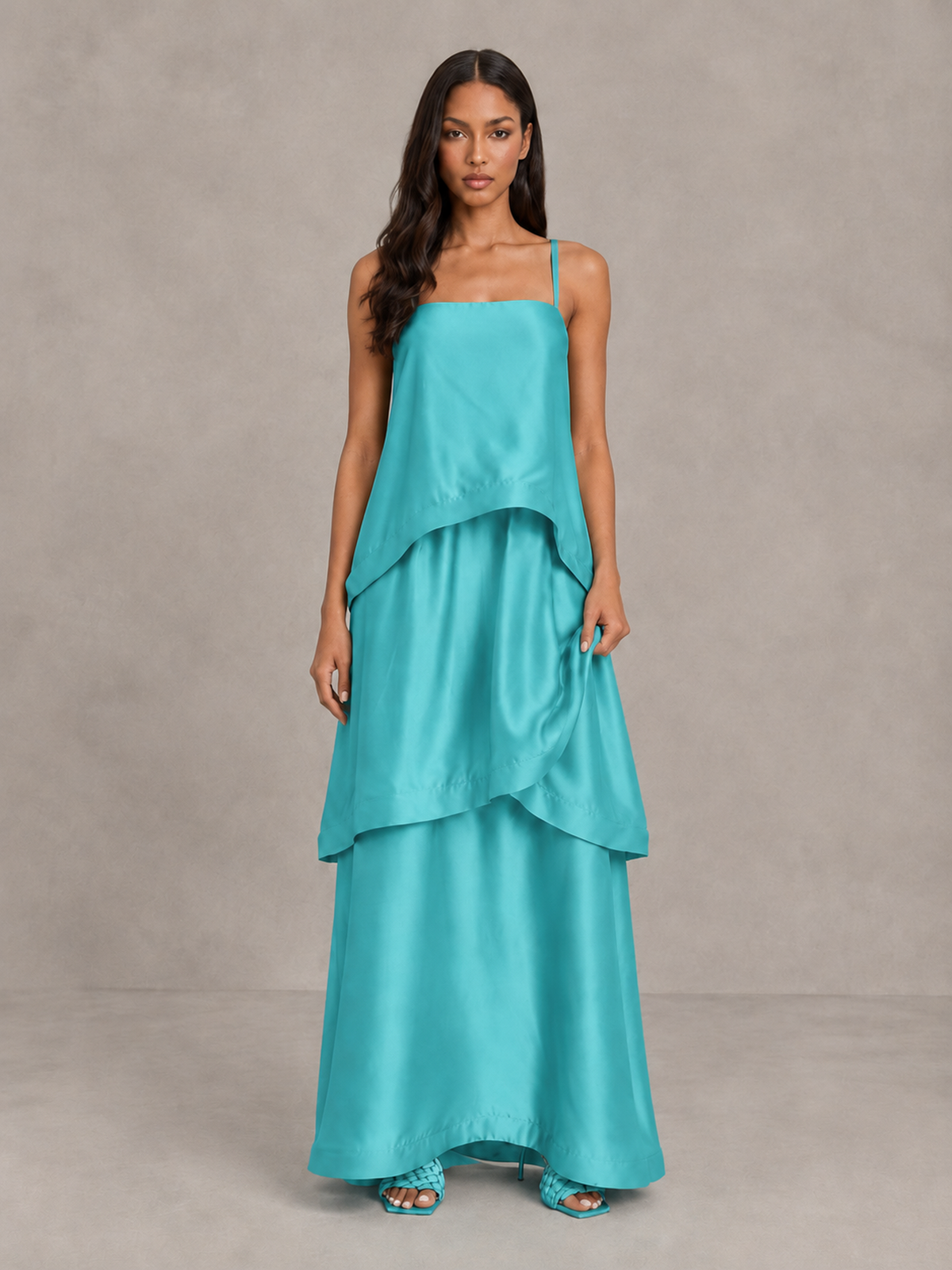 BOLODOO Turquoise Satin Tiered Maxi Dress with Spaghetti Straps - Turquoise