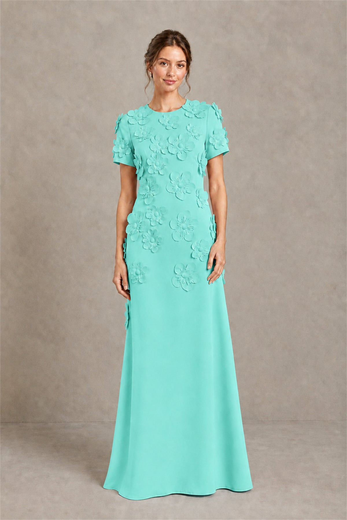 BOLODOO Turquoise Textured Floral Maxi Dress with Short Sleeves - Turquoise