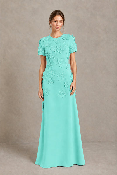 BOLODOO Turquoise Textured Floral Maxi Dress with Short Sleeves - Turquoise