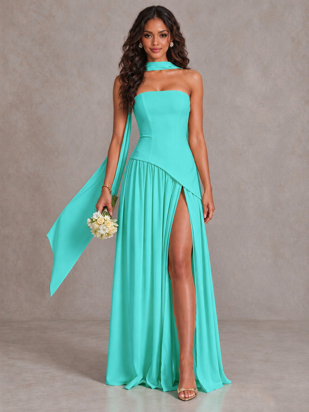 Turquoise Strapless Bridesmaid Dress with Scarf & High Slit - Turquoise - Turquoise (1)