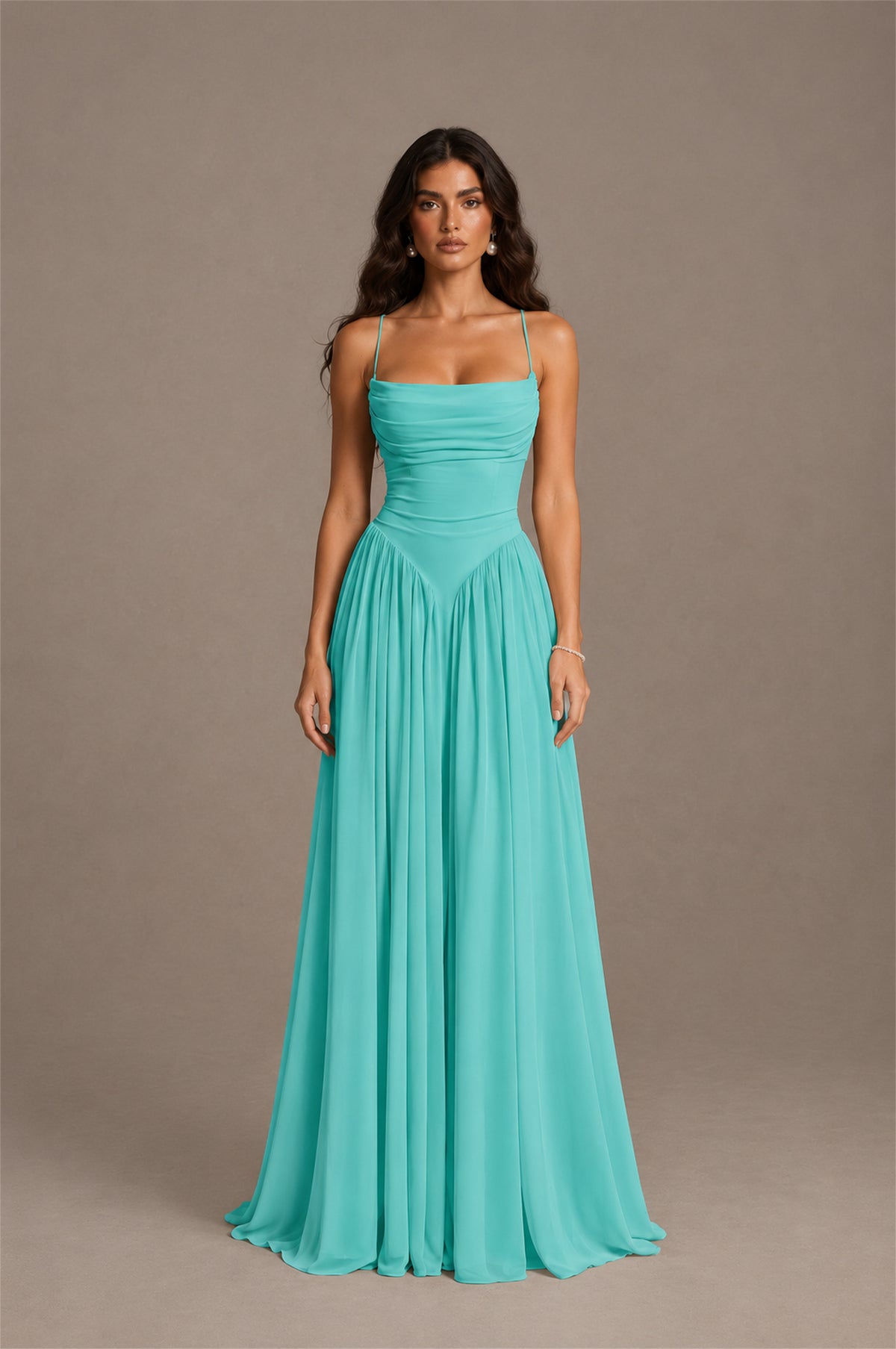BOLODOO Turquoise Spaghetti Strap Square Neck Ruched Chiffon Maxi Dress with Lace-Up Back - Turquoise