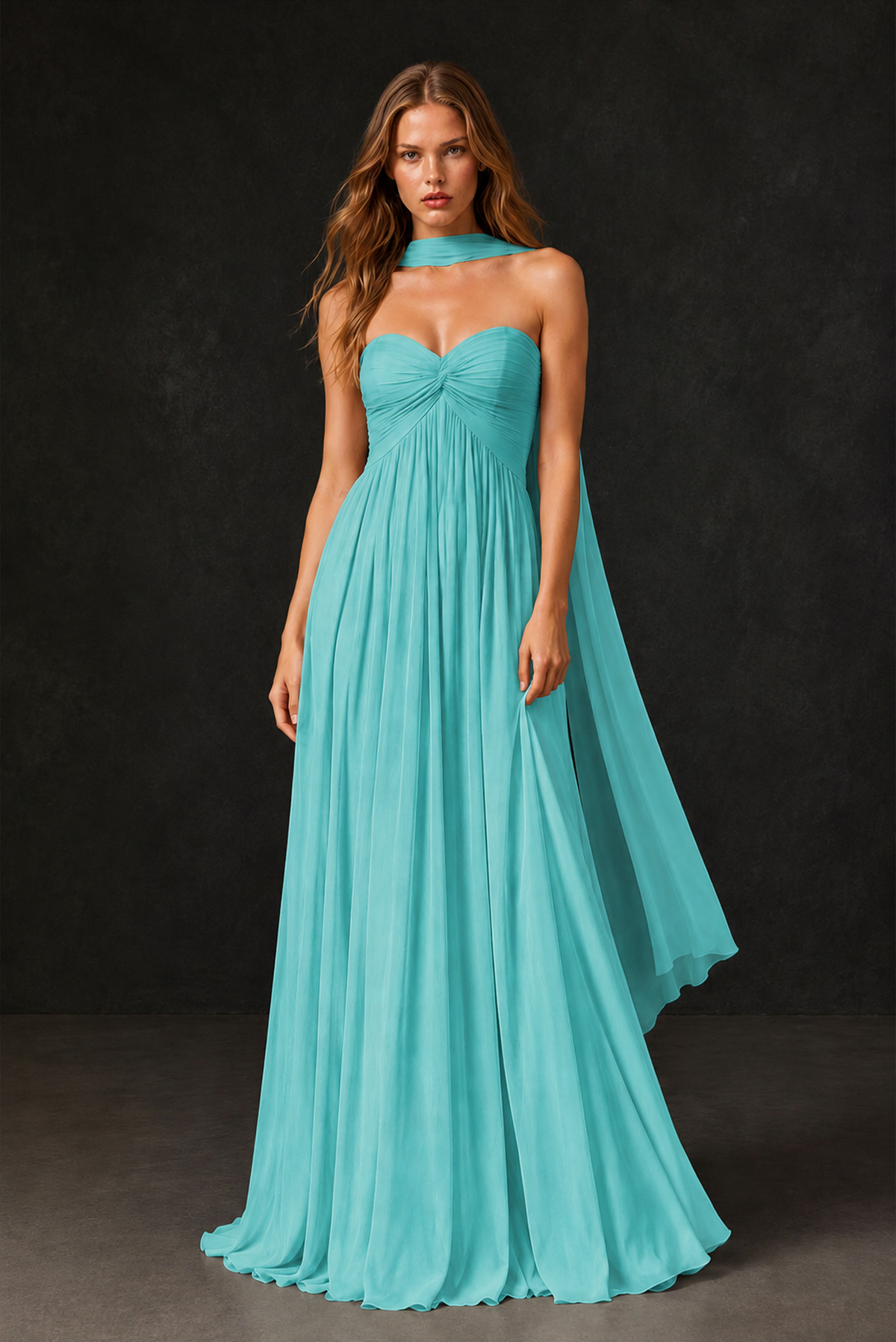 BOLODOO Turquoise Sweetheart Strapless Twist Knot Detached Halter Scarf Lace-Up Back Empire Waist Chiffon Maxi Dress - Turquoise