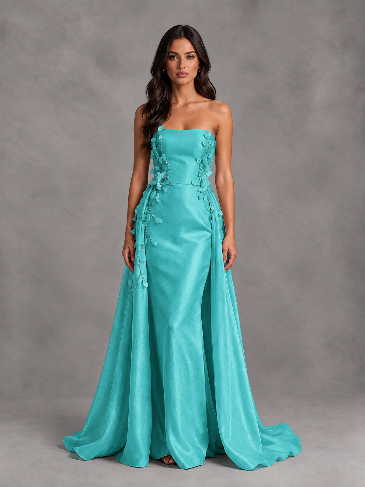 BOLODOO Turquoise Strapless Floral Applique Prom Dress with Overskirt - Turquoise - Turquoise (1)