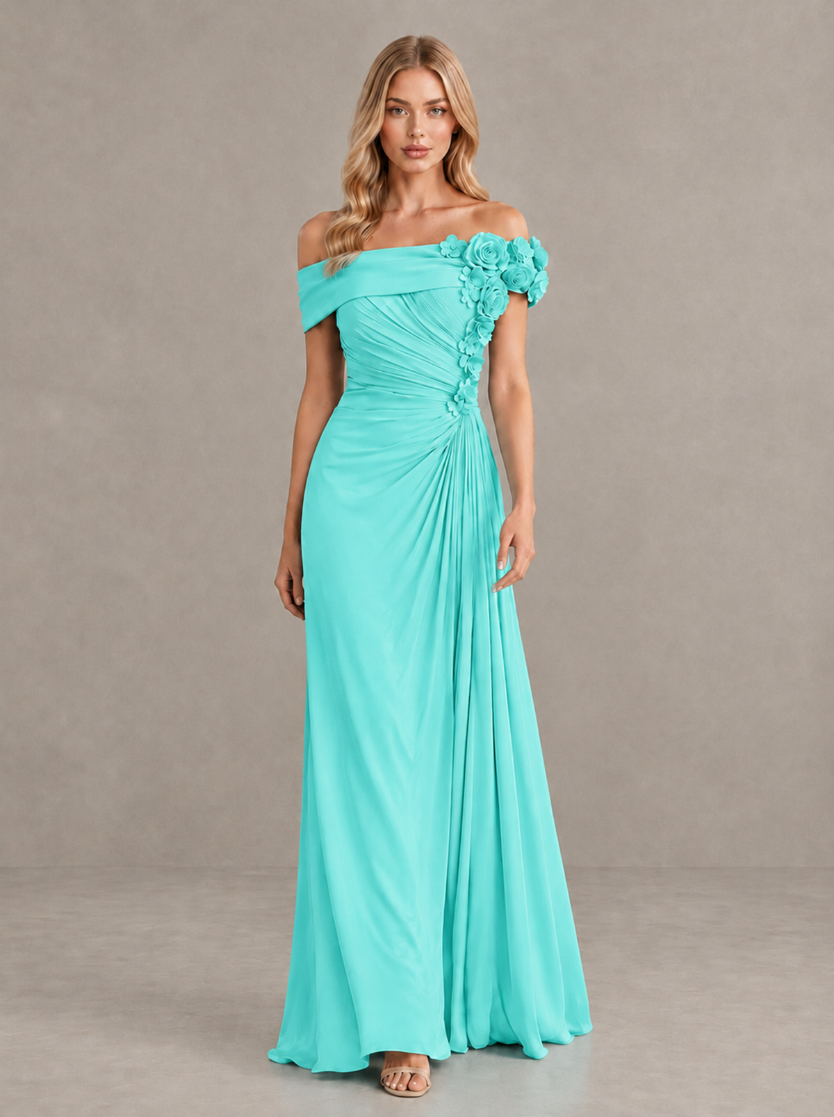 BOLODOO Turquoise Off-Shoulder Floral Applique Wedding Guest Maxi Dress - Turquoise - Turquoise (1)