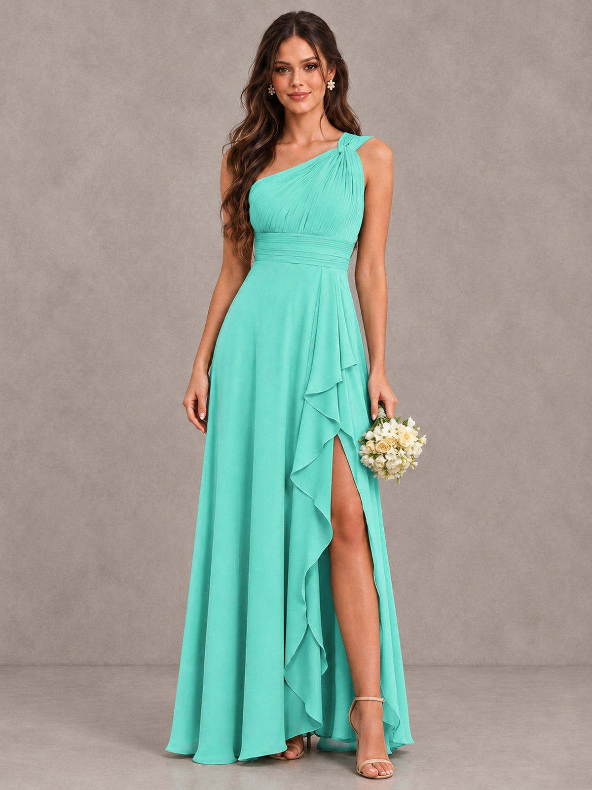 BOLODOO Turquoise One-Shoulder Ruffle Bridesmaid Dress with Slit - Turquoise - Turquoise (1)