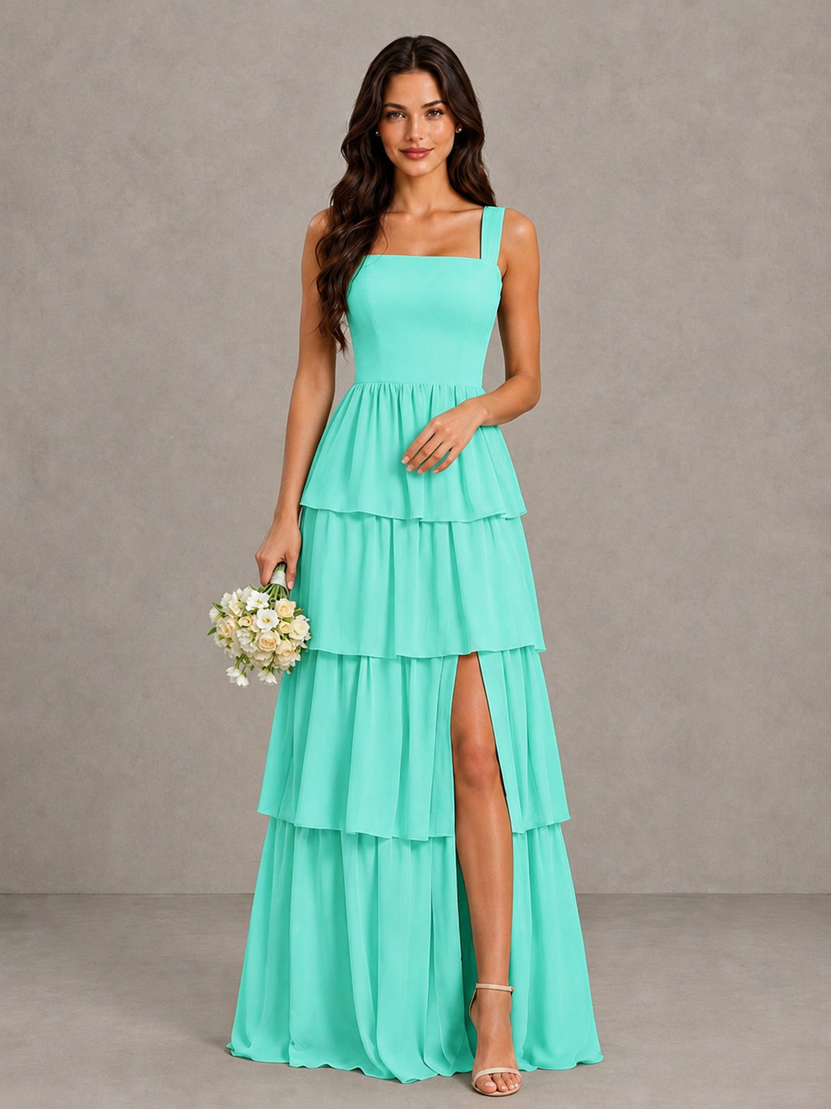 BOLODOO Turquoise Square Neck Tiered Bridesmaid Dress with Slit - Turquoise - Turquoise (1)