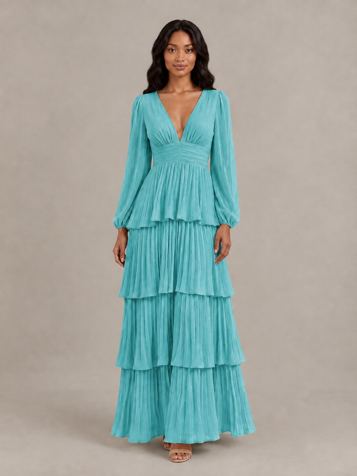 BOLODOO Turquoise Long-Sleeve Tiered Maxi Dress with Deep V-Neck - Turquoise