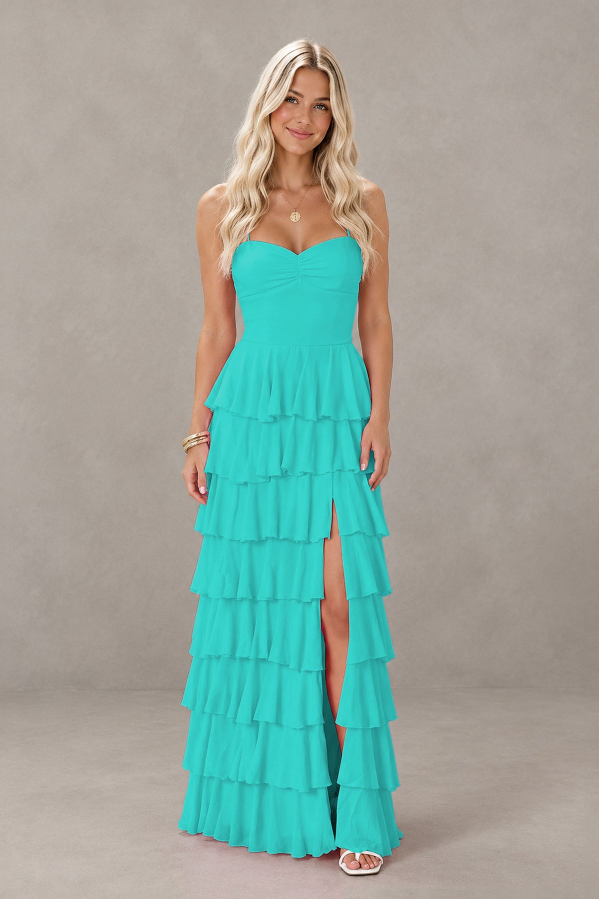 BOLODOO Turquoise Strapless Tiered Ruffle Maxi Dress with Slit & Lace-Up Back - Turquoise