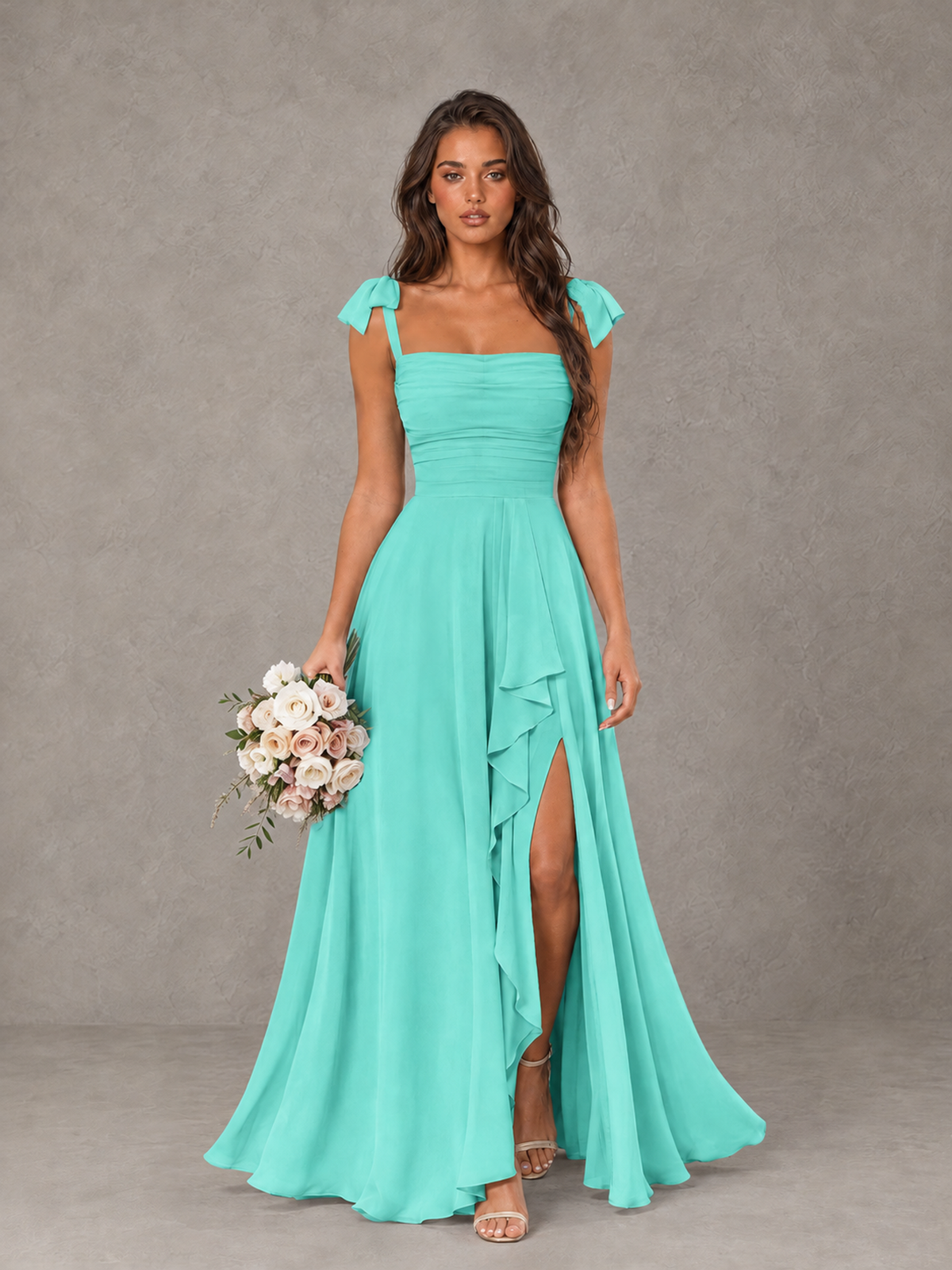 BOLODOO Turquoise Bow-Strap Bridesmaid Dress with Ruffle Slit - Turquoise - Turquoise (1)