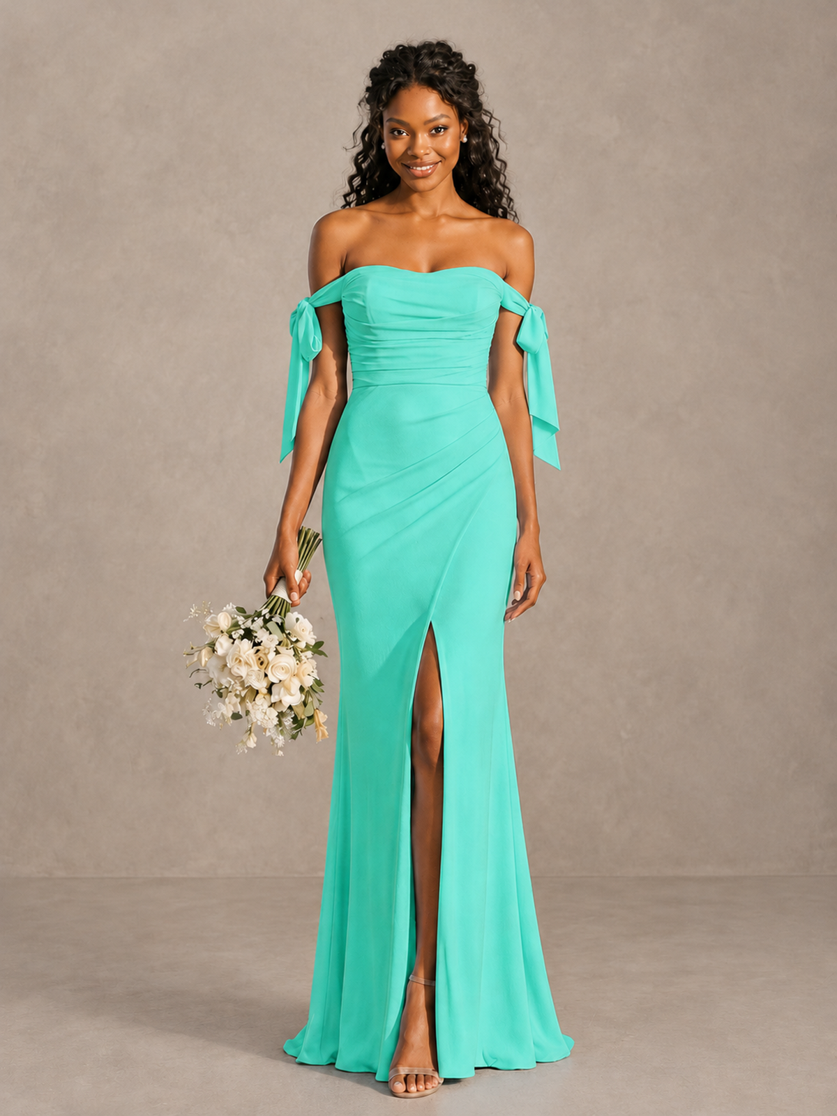 Turquoise Off-Shoulder Bow Bridesmaid Dress with Slit - Turquoise - Turquoise (1)