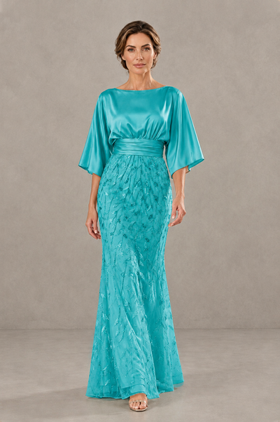 BOLODOO Turquoise Mother of the Bride Dress with Kimono Sleeves, Satin Bodice & Sequin Embroidered Mermaid Floor-Length Gown - Turquoise - Turquoise (1)