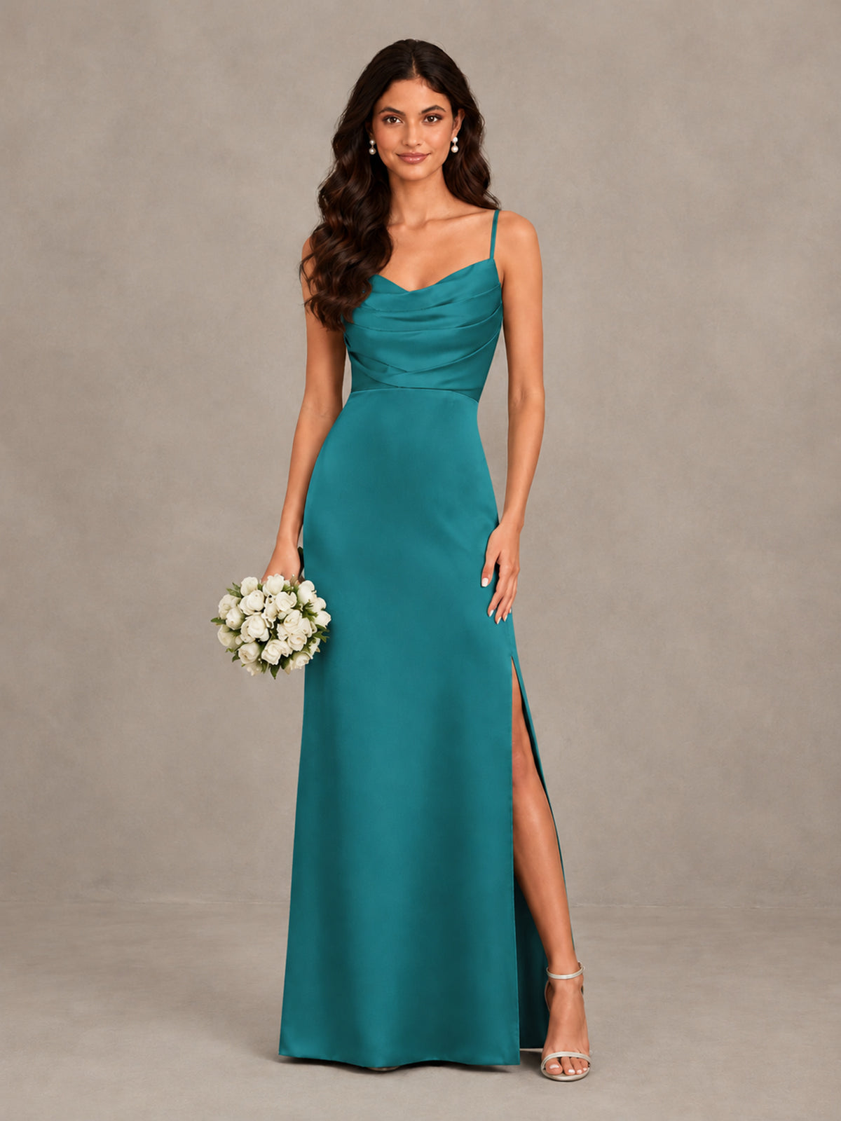 BOLODOO Turquoise Cowl Neck Satin Bridesmaid Dress with Slit - Turquoise - Turquoise (1)