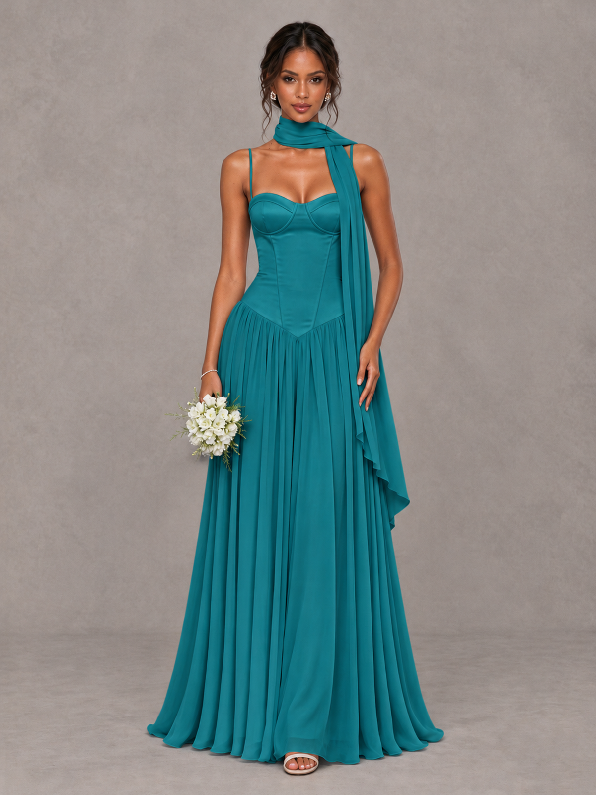 BOLODOO Turquoise Corset Bridesmaid Dress with Scarf - Turquoise - Turquoise (1)