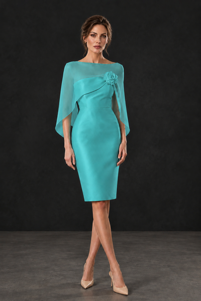 BOLODOO Turquoise Cape Knee-Length Mother of the Bride Dress - Turquoise - Turquoise (1)