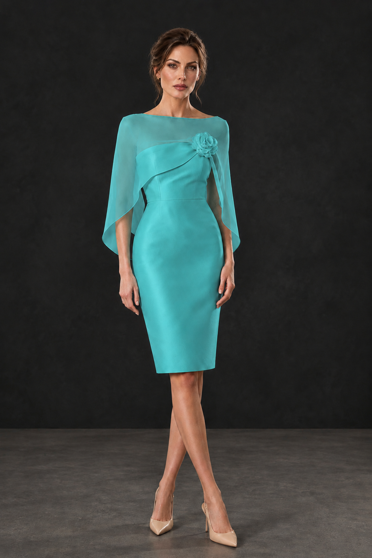 BOLODOO Turquoise Cape Knee-Length Mother of the Bride Dress - Turquoise - Turquoise (1)