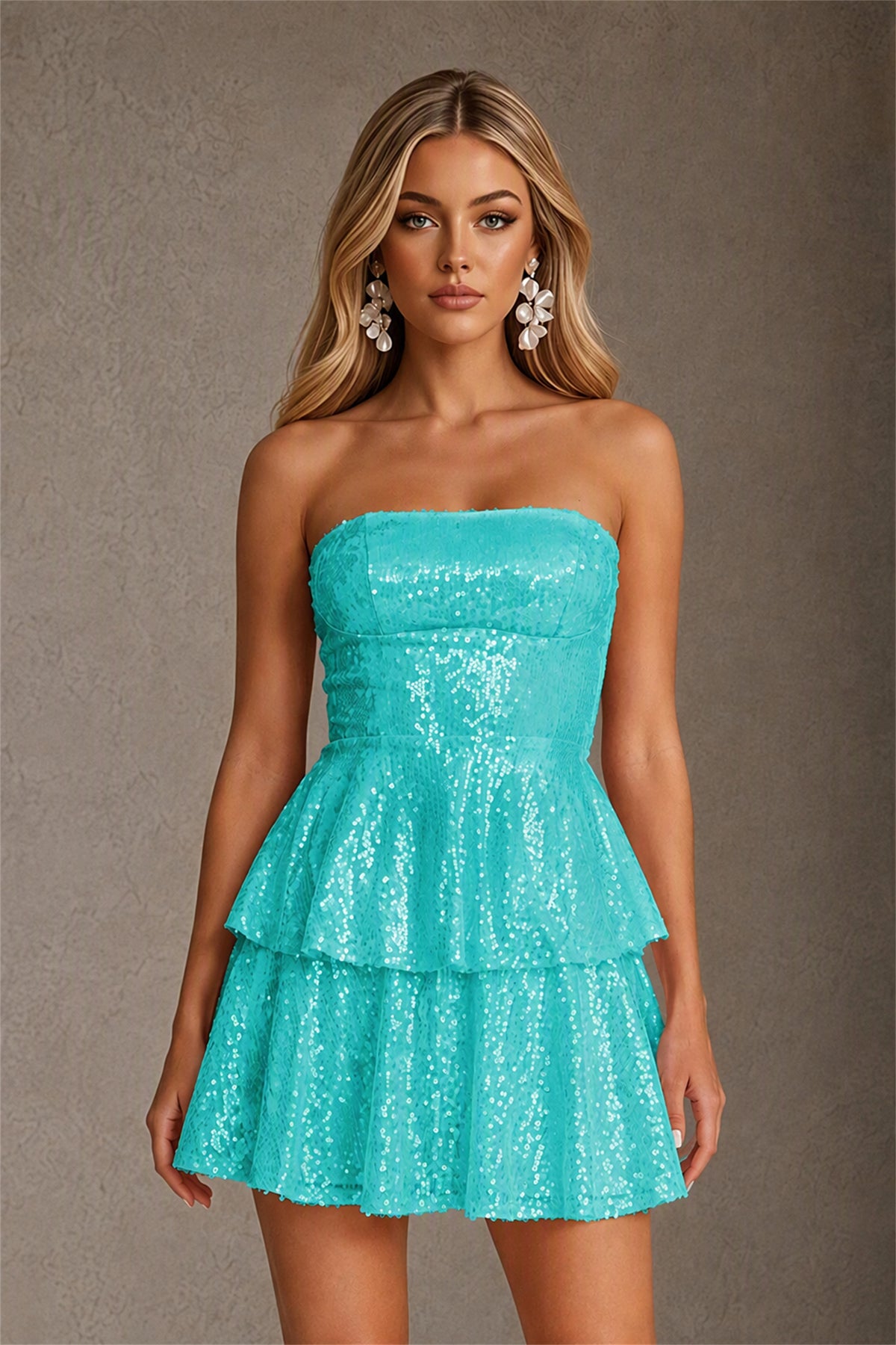 BOLODOO Turquoise Iridescent Sequin Strapless Open Back Bow Tiered Mini Dress | Aurora Sequin Ruffle Party Dress - Turquoise