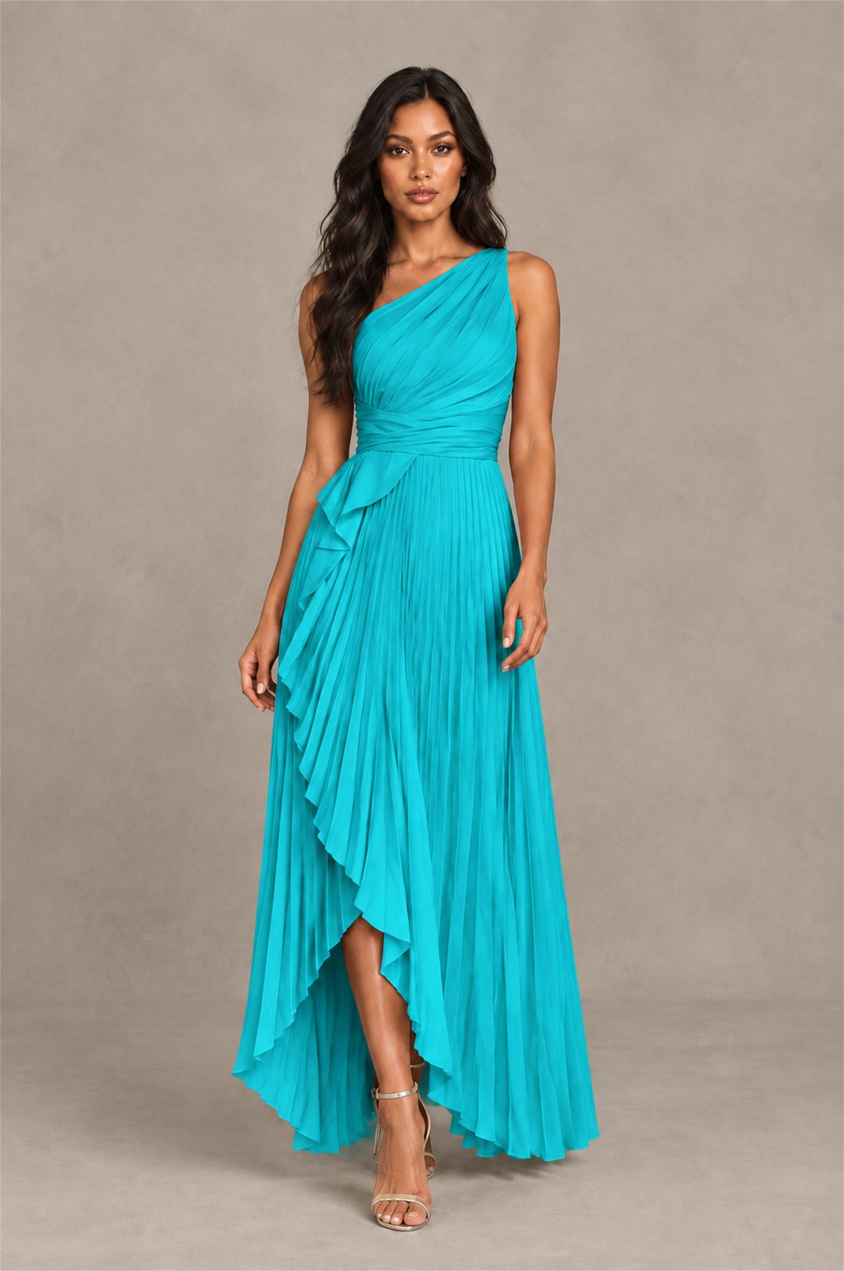 BOLODOO Turquoise One-Shoulder High-Low Ruffle Maxi Dress - Turquoise