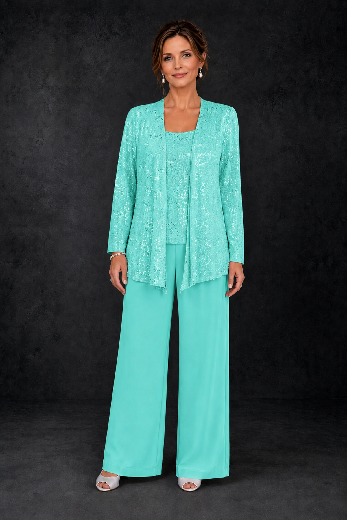 BOLODOO Turquoise Sequin Lace 3-Piece Pant Suit with Long Sleeve Jacket - Turquoise - Turquoise (1)