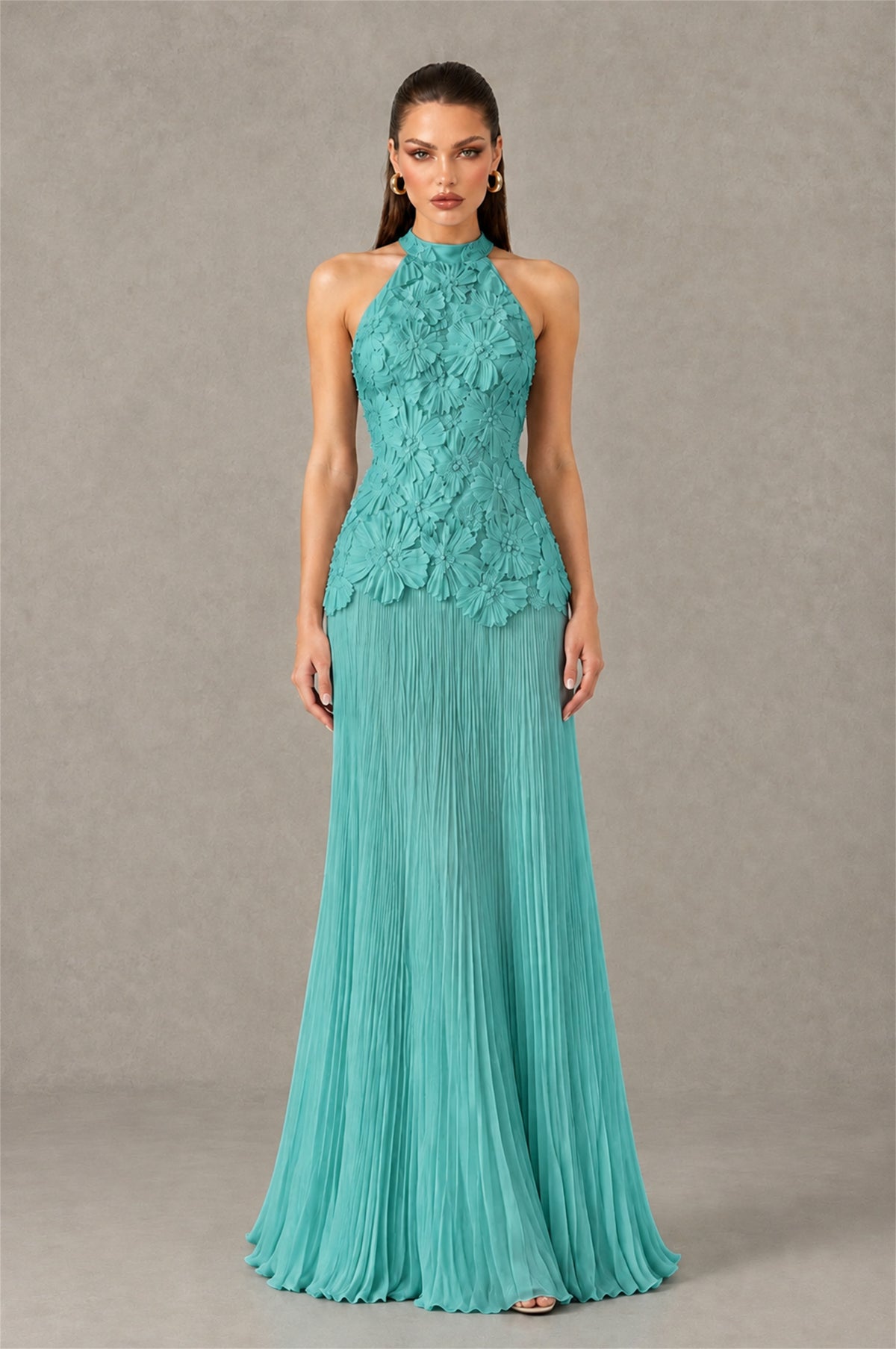 BOLODOO Turquoise 3D Floral Applique Halter Neck Open Back Pleated Maxi Dress - Turquoise
