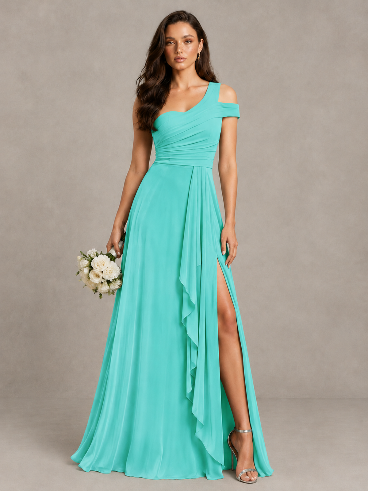 BOLODOO Turquoise One-Shoulder Bridesmaid Dress with Side Slit - Turquoise - Turquoise (1)