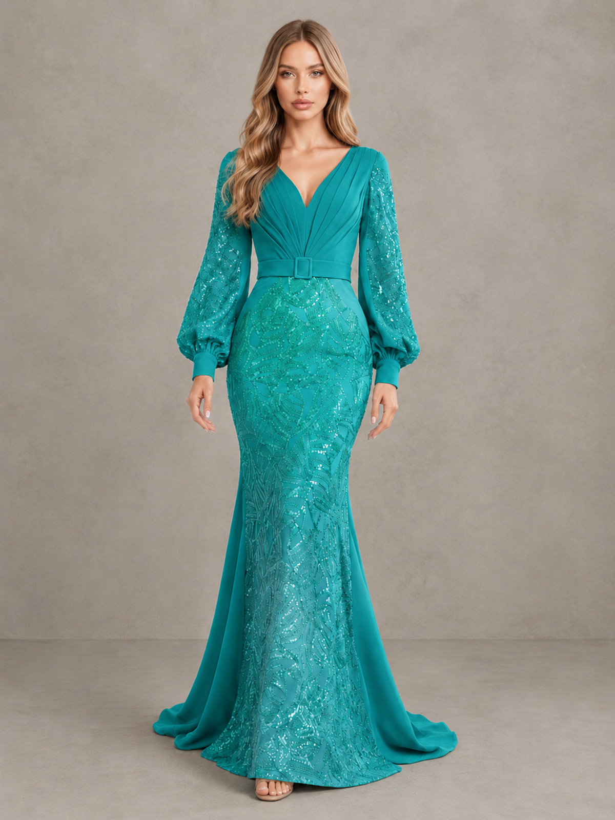 BOLODOO Turquoise Sequin Long Bishop Sleeve Mermaid Evening Dress - Turquoise - Turquoise (1)