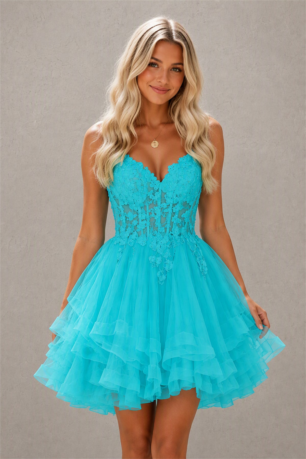 BOLODOO Turquoise 3D Floral Lace Corset Deep V Spaghetti Strap Tiered Tulle Mini Dress - Turquoise
