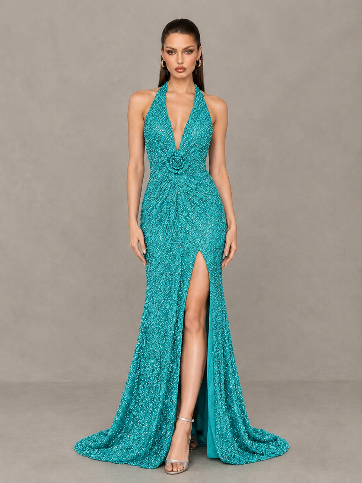 BOLODOO Turquoise Sequin Halter Open Back Evening Gown with High Slit - Turquoise - Turquoise (1)