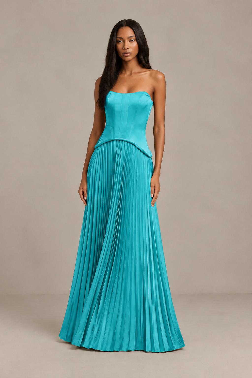 BOLODOO Turquoise Strapless Pleated Satin Evening Prom Dress - Turquoise