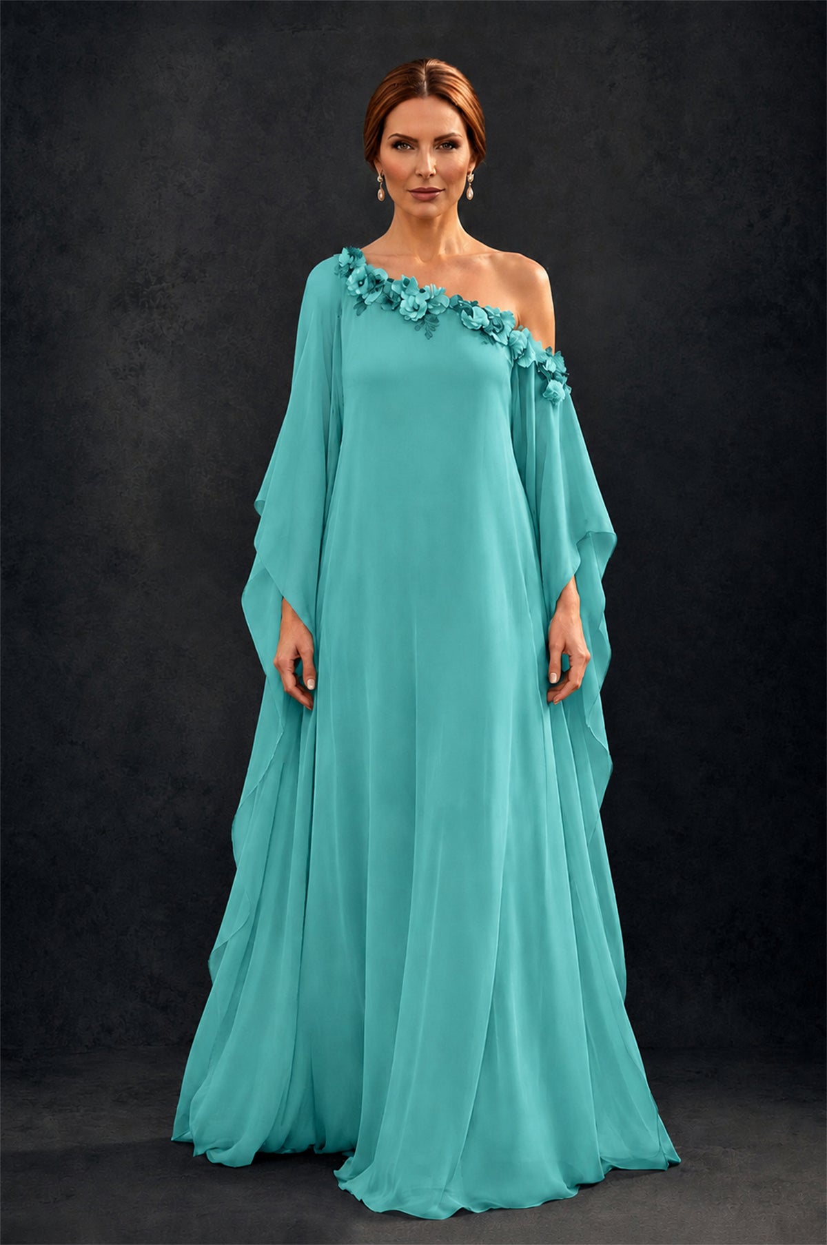 BOLODOO Turquoise 2-Piece Set: Off-Shoulder 3D Floral Cape Gown & One-Shoulder Wide-Leg Jumpsuit | BD0373 - Turquoise