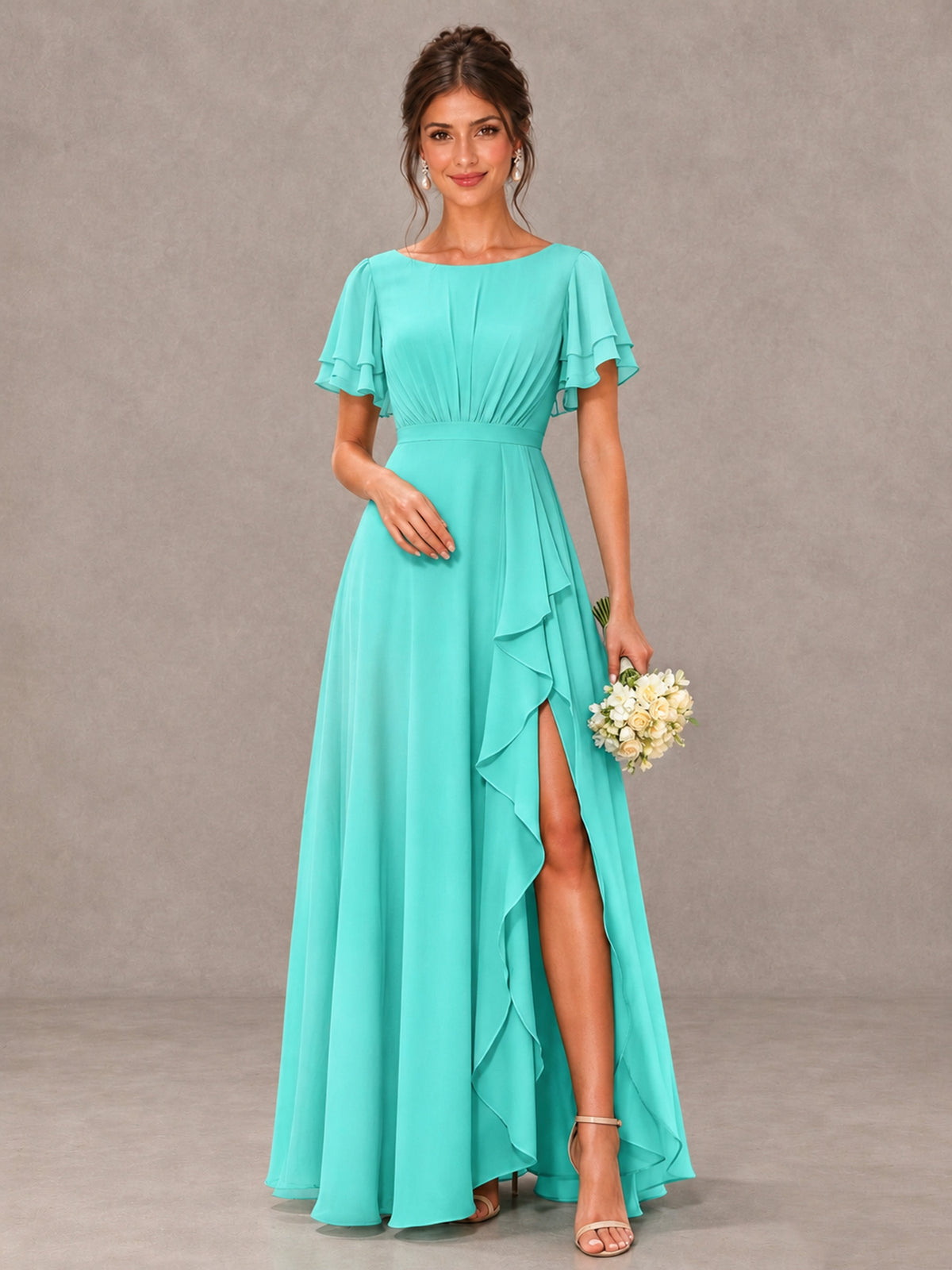 BOLODOO Turquoise Flutter Sleeve Ruffle Bridesmaid Dress with Slit - Turquoise - Turquoise (1)