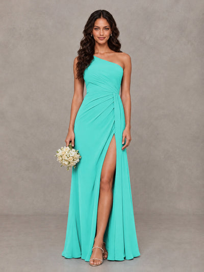 BOLODOO Turquoise One-Shoulder Chiffon Bridesmaid Dress with Ruched Bodice & High Slit - Turquoise - Turquoise (1)
