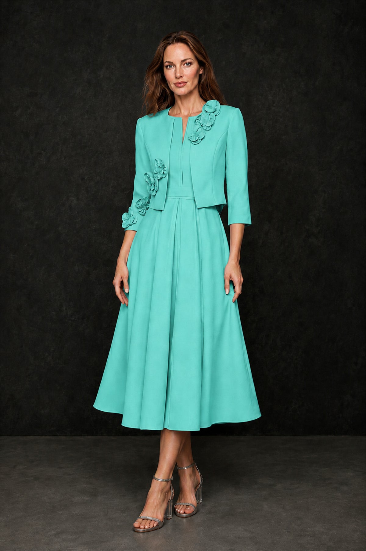 BOLODOO Turquoise 3D Rosette Appliqué 3/4 Sleeve Jacket & V-Notch Sleeveless A-Line Tea-Length Two-Piece Dress Set - Turquoise
