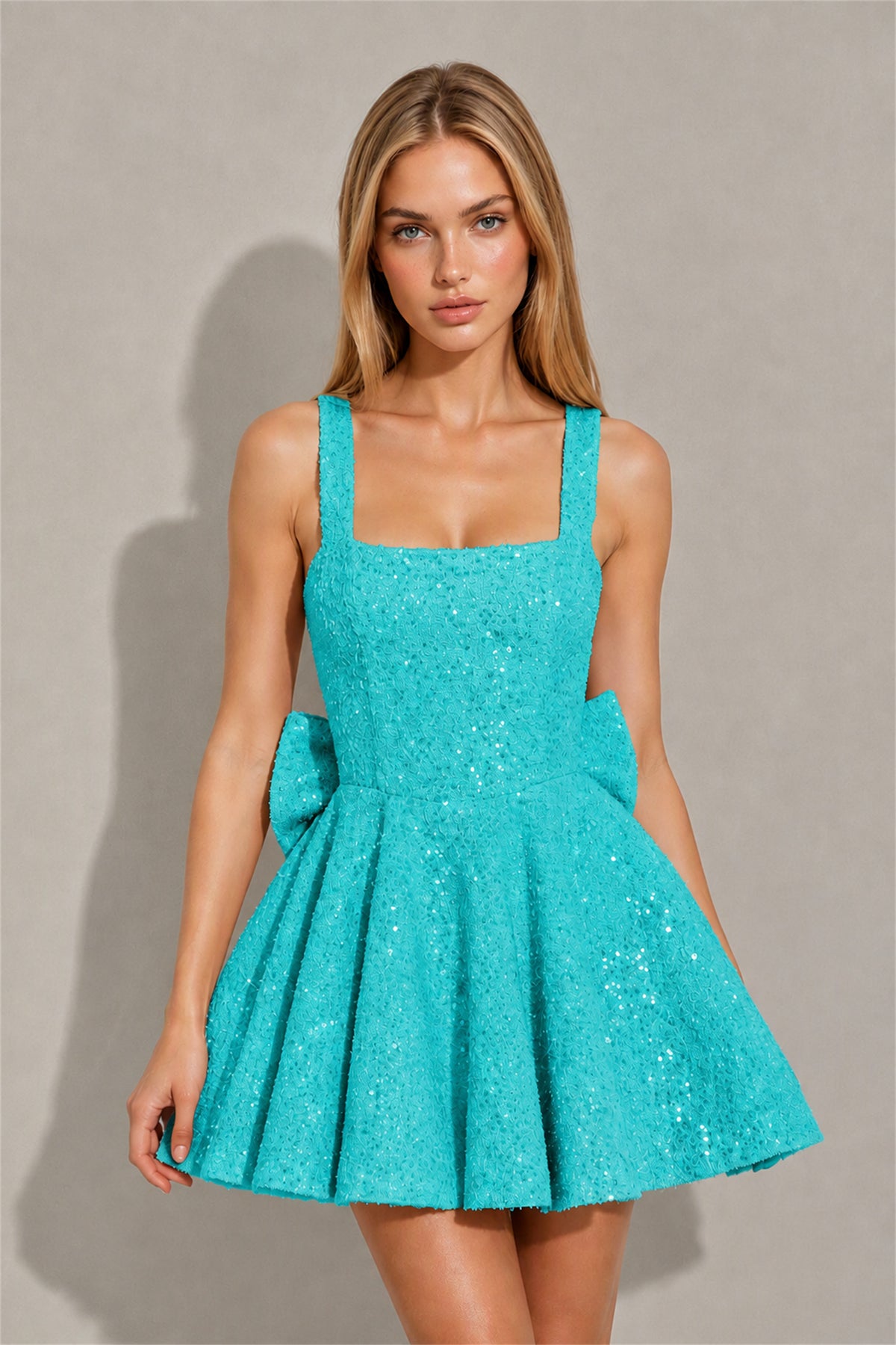 BOLODOO Turquoise Sequin Square Neck Wide Strap Bow Waist Open Back Fit and Flare Mini Dress | Prom Birthday Party Dress - Turquoise