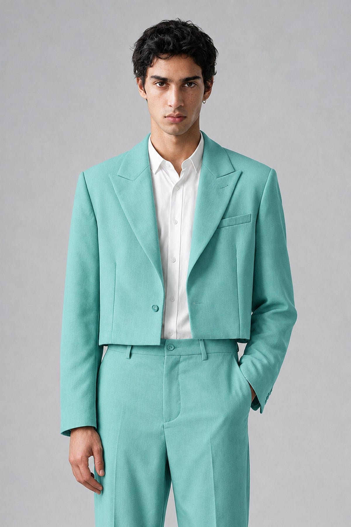 Bolodoo Men's Turquoise Cropped Blazer & Wide-Leg Trousers 2-Piece Suit - Turquoise - Turquoise (1)