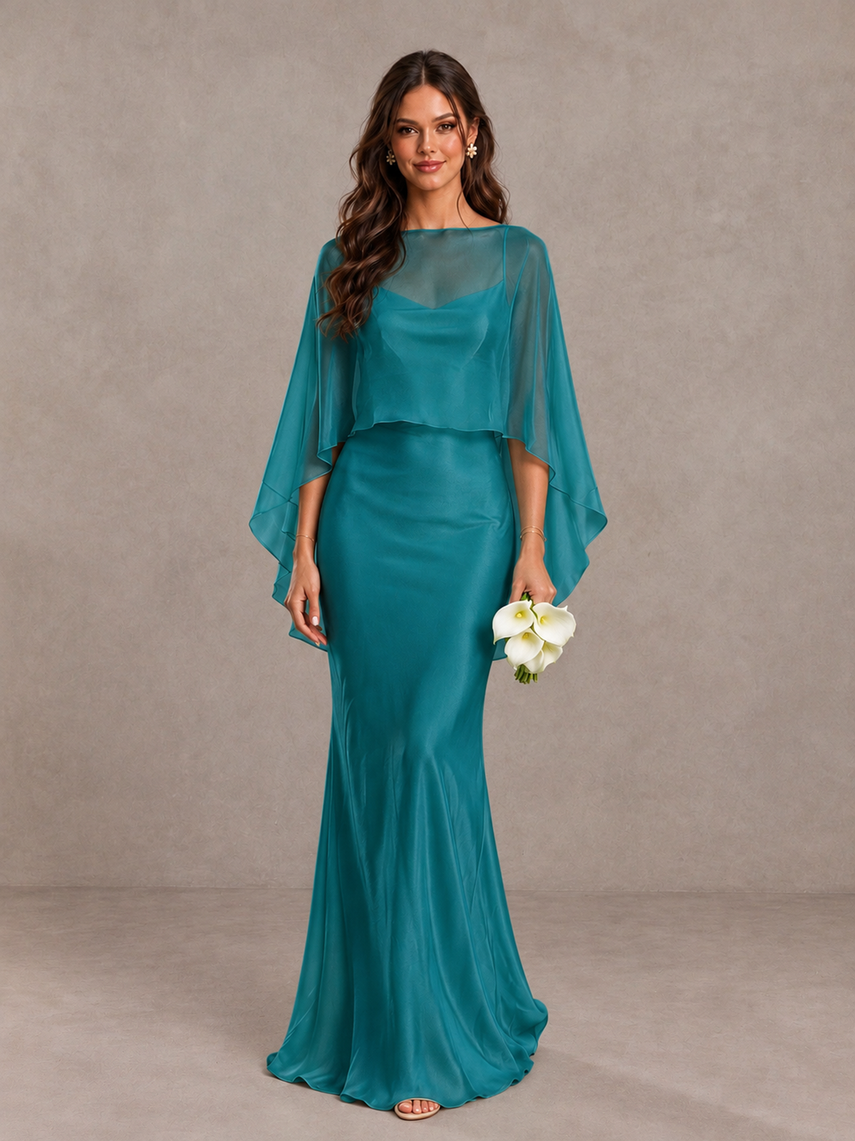 BOLODOO Turquoise Satin Mermaid Bridesmaid Dress with Chiffon Cape - Turquoise - Turquoise (1)